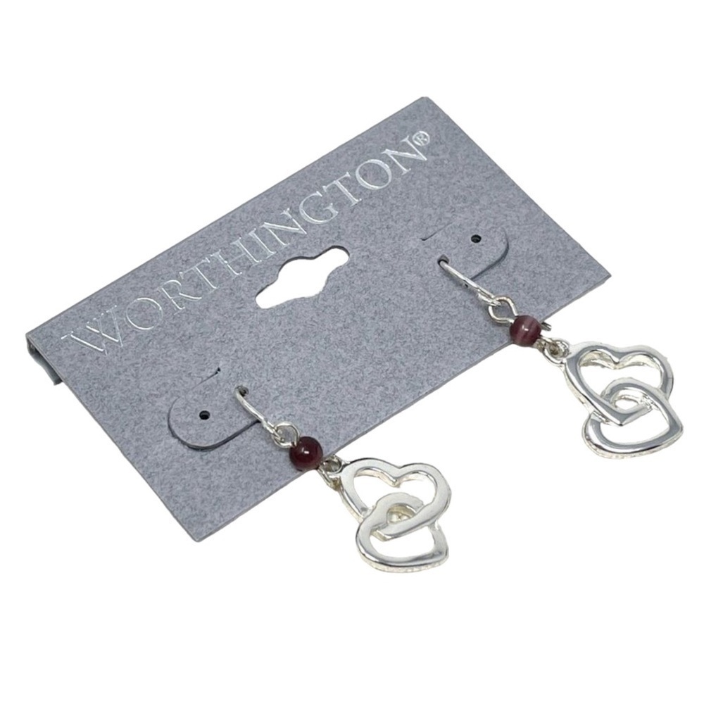 🌺 Worthington Silver Double Heart Dangle Earrings NWT